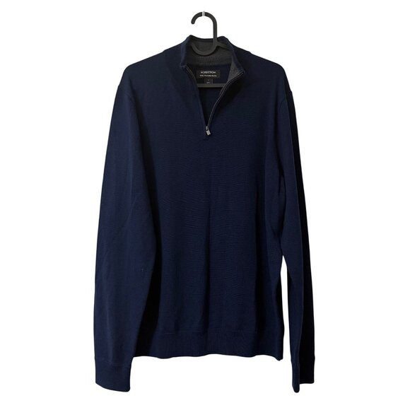 Nordstrom Navy 100% Merino Wool Washable 1/4 Zip Pullover Sweater Mens Large - Picture 1 of 5